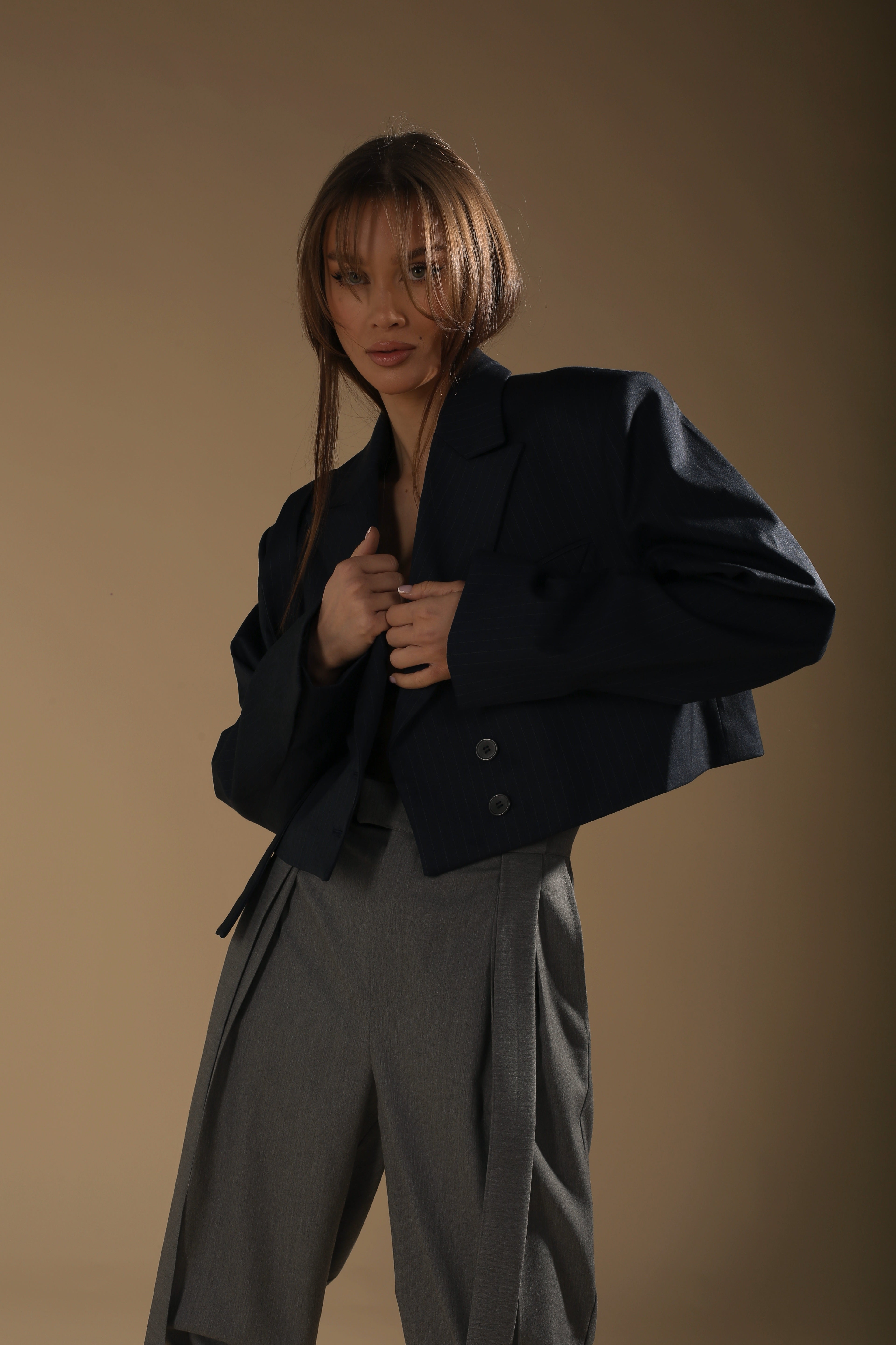 Navy Pinstripe Cropped Blazer