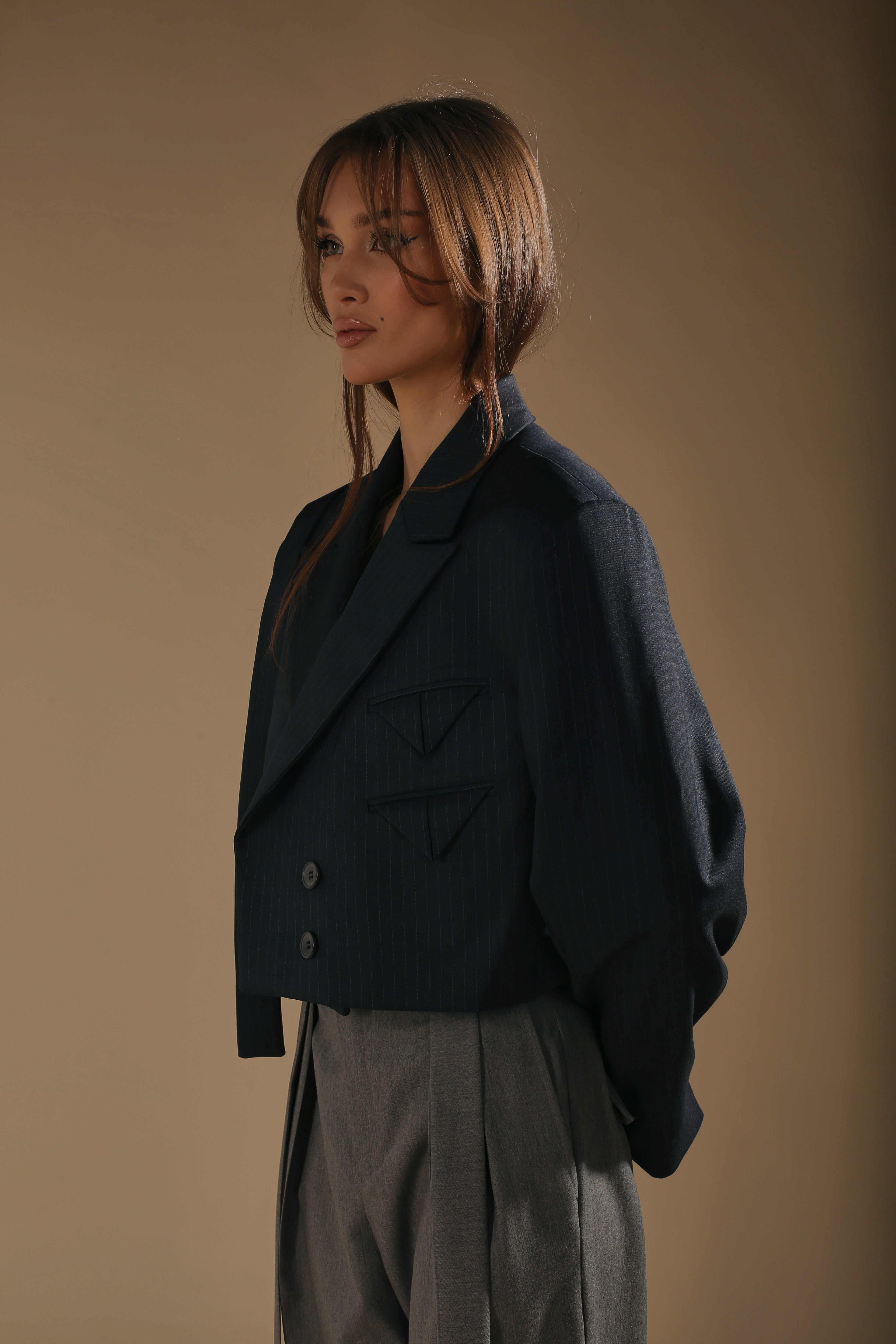 Navy Pinstripe Cropped Blazer