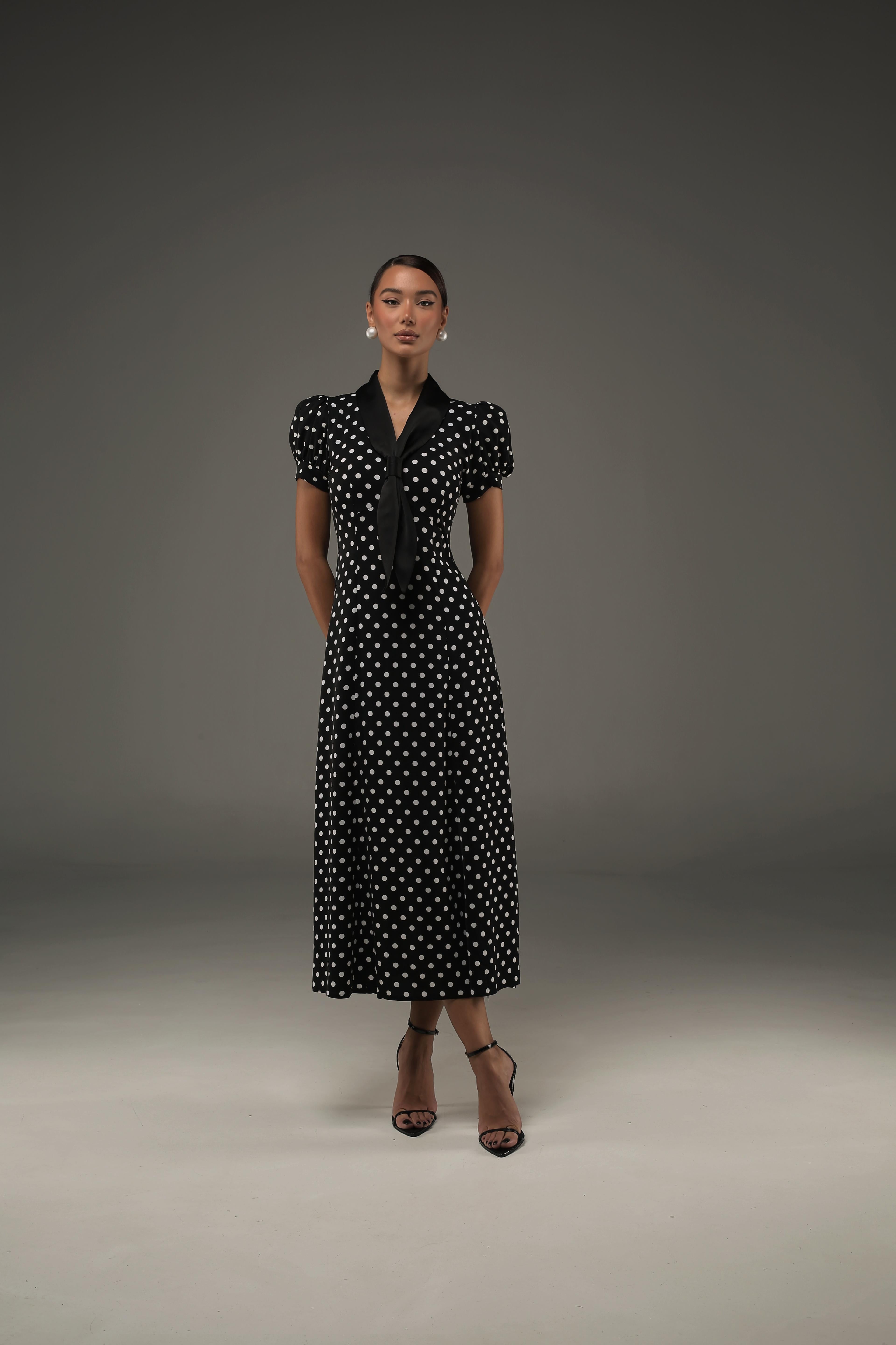 Black Ascot Polka Dot Dress