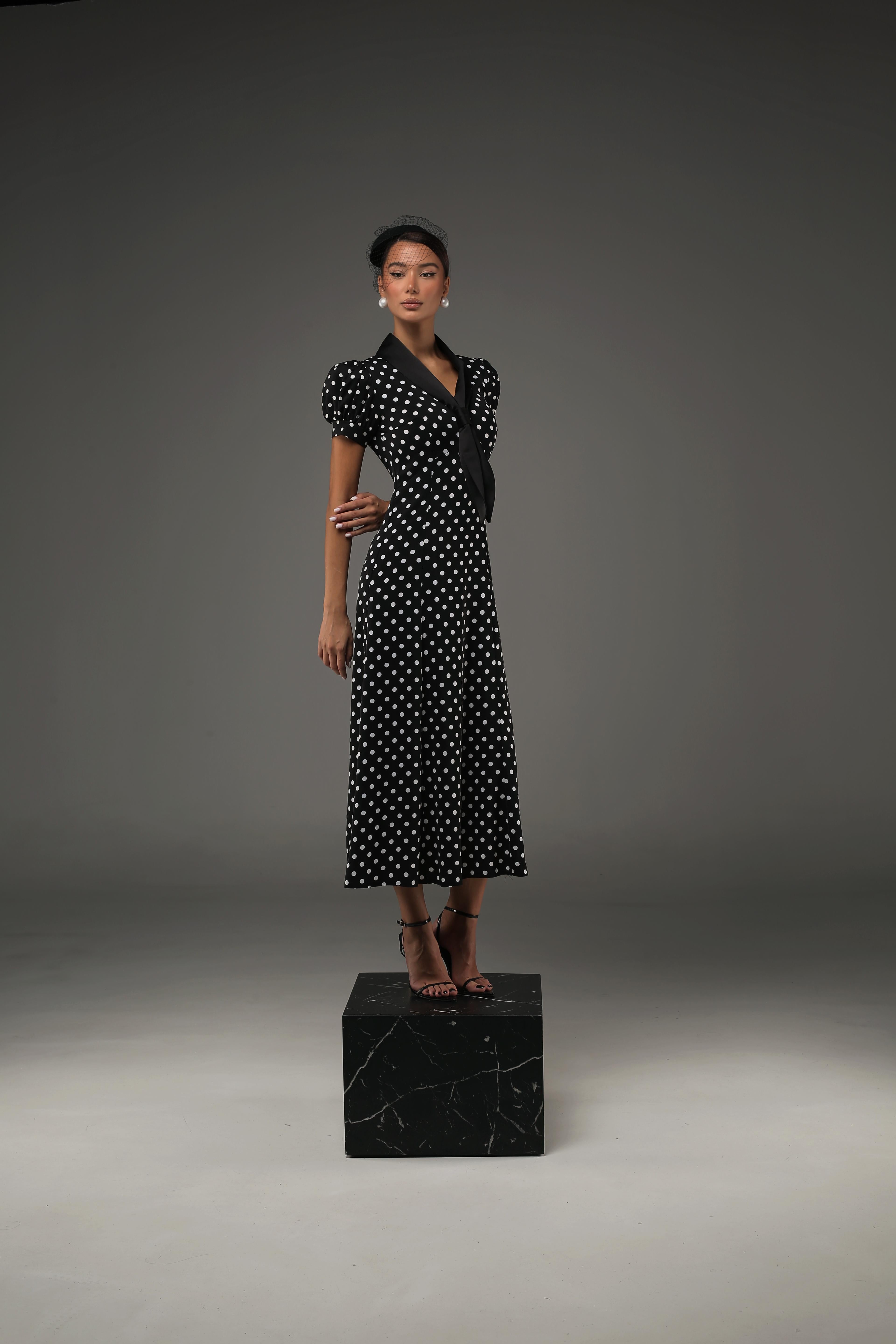 Black Ascot Polka Dot Dress